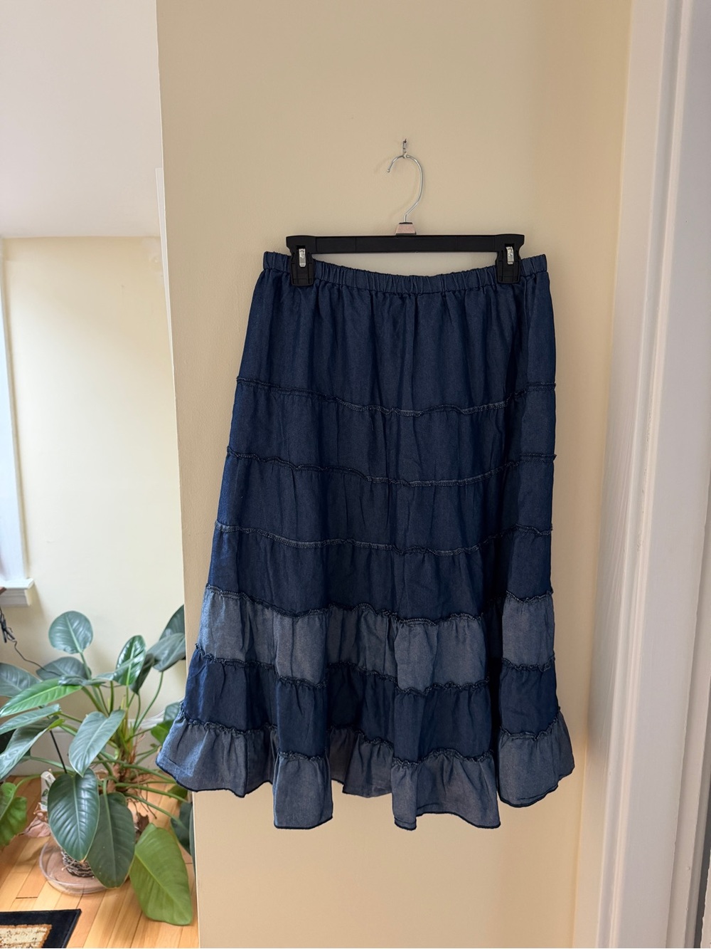 Denim Tiered Midi Skirt